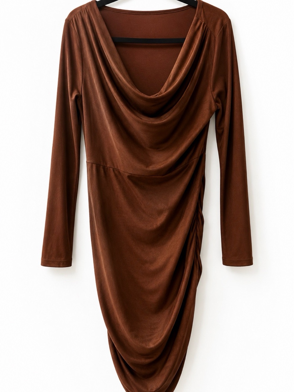SHEIN Brown Draped Long-Sleeve Cowl Neck Dress